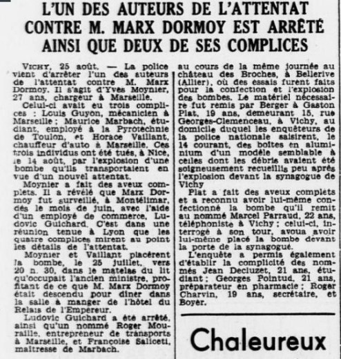 L'Ouest Éclair (26 août 1941) annonce l'arrestation des auteurs d el'attentat