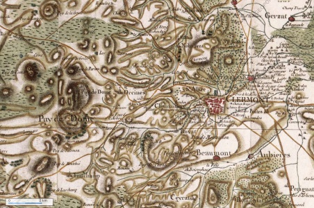 La Chaîne des Puys sur la carte de Cassini en 1750